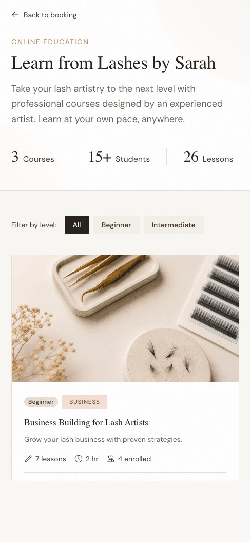 A course listing on an educator's page, as a student sees it